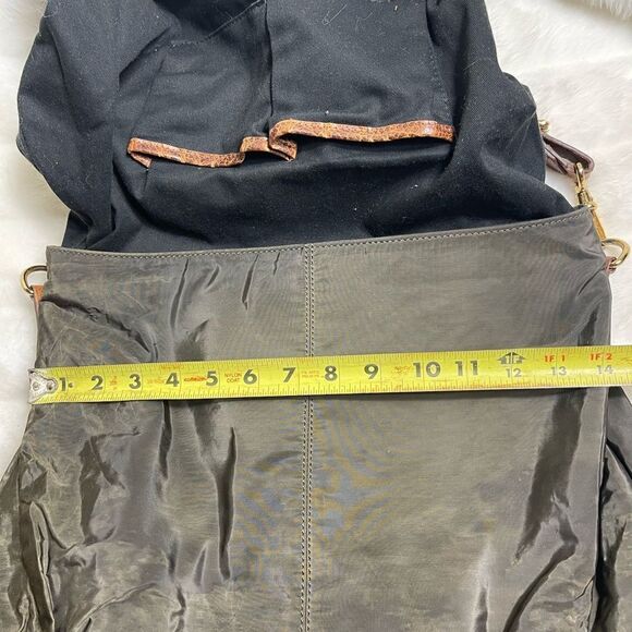 Treesje Olive green nylon with brown trim  slouch shoulder bag gold tone accents - Picture 9 of 10